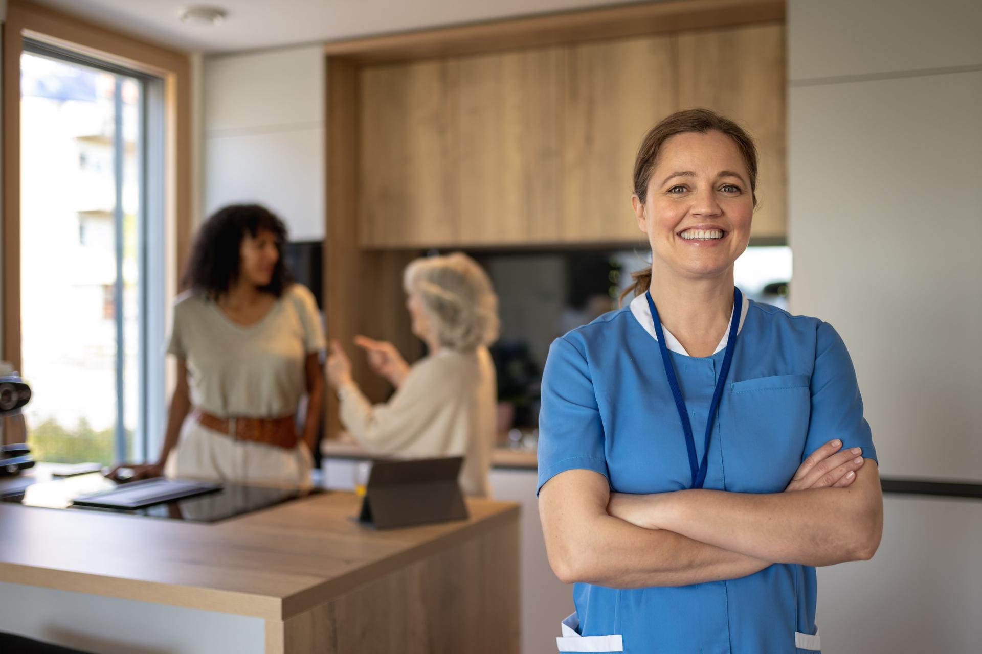 Visit of medical staff in uniform (nurse, doctor) to the patient at home