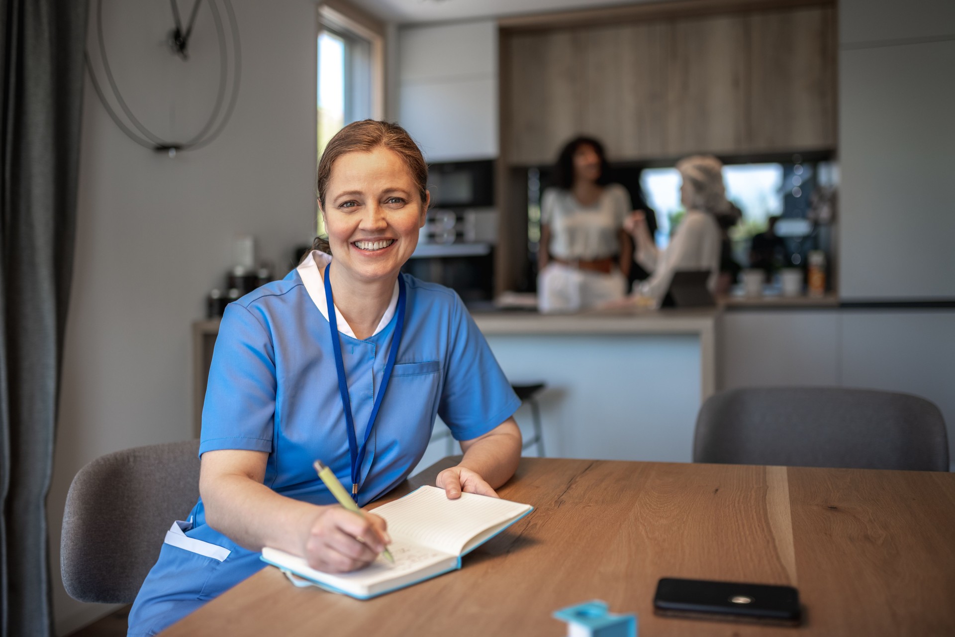 Visit of medical staff in uniform (nurse, doctor) to the patient at home